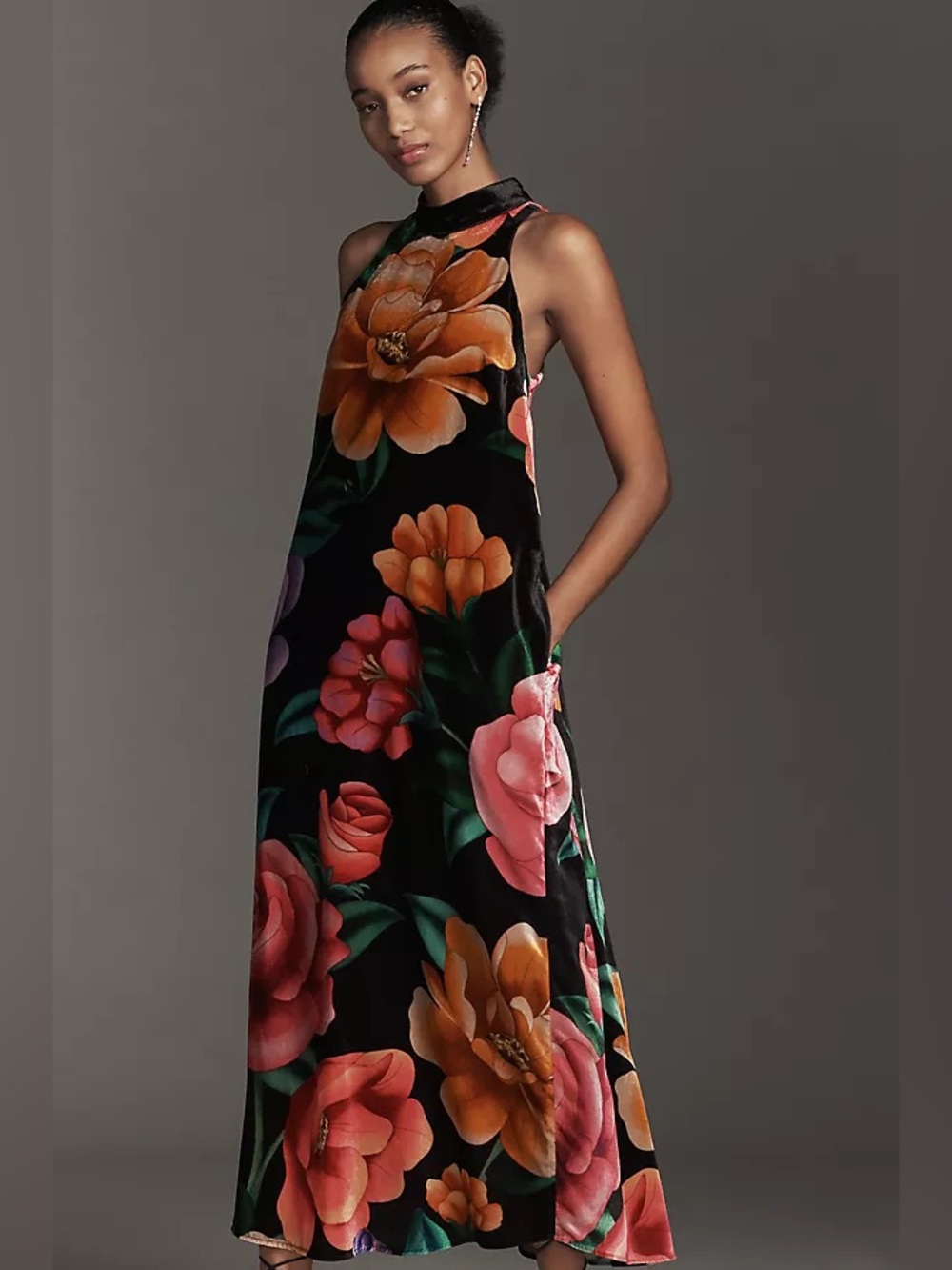 Farm Rio Anthropologie Mock Neck Printed Velvet Midi Dress Floral XS
